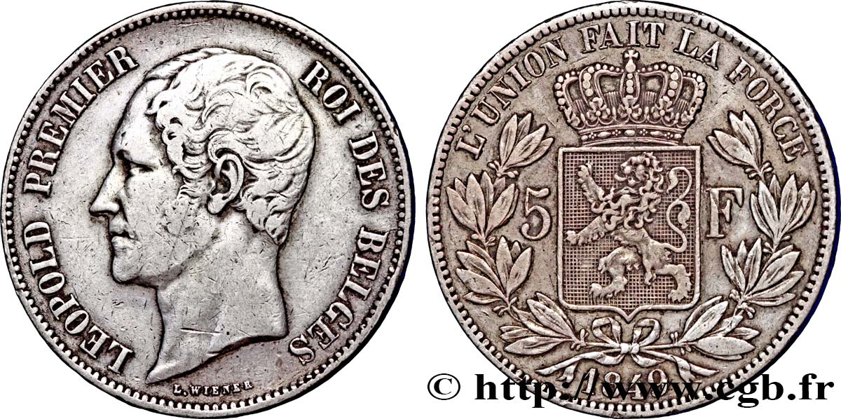 BELGIQUE 5 Francs Léopold Ier tête nue 1849  TB+ 