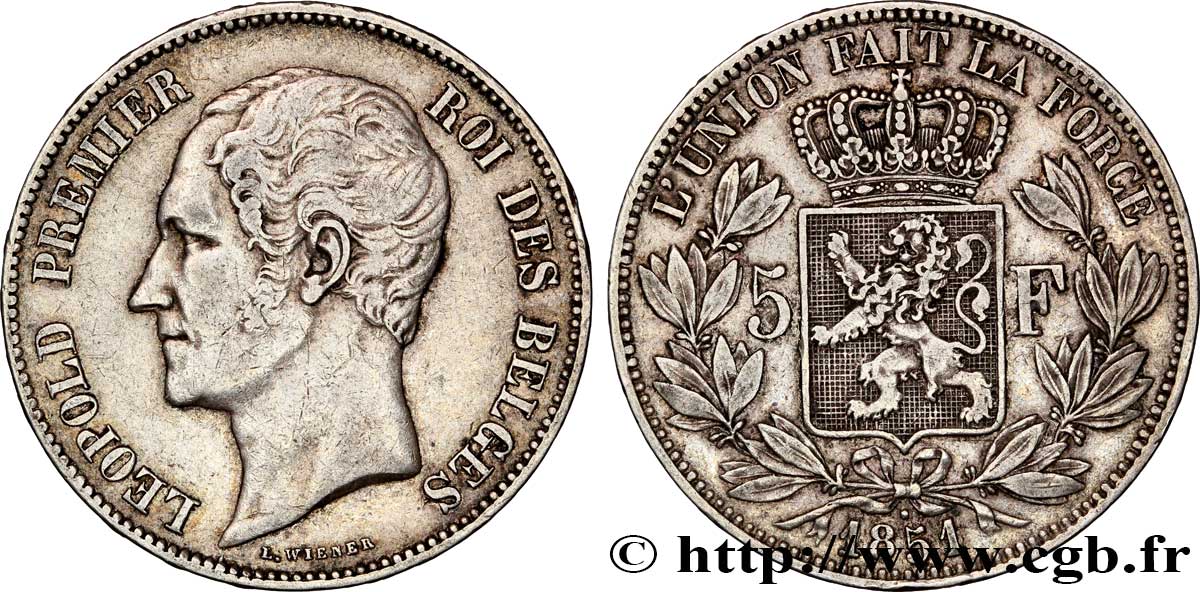 BELGIQUE 5 Francs Léopold Ier 1851  TTB 