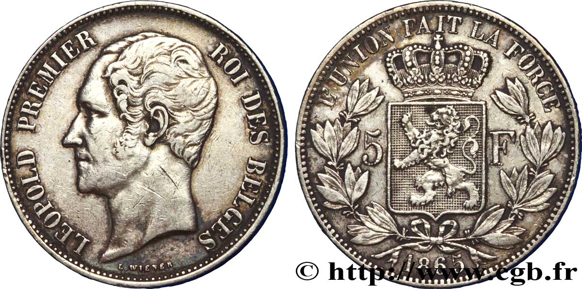 BELGIQUE 5 Francs Léopold Ier / écu couronné  1865  TTB 