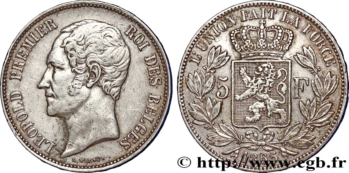 BELGIQUE 5 Francs Léopold Ier / écu couronné variété avec 1865/55 1865  TTB 