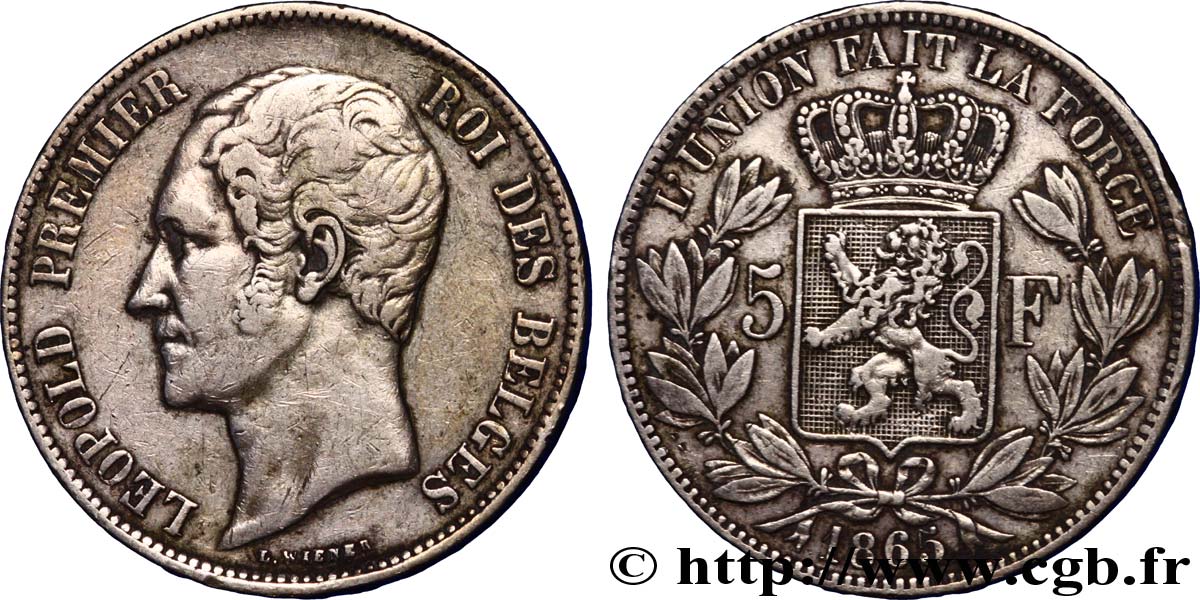 BELGIQUE 5 Francs Léopold Ier / écu couronné variété  1865  TB+ 