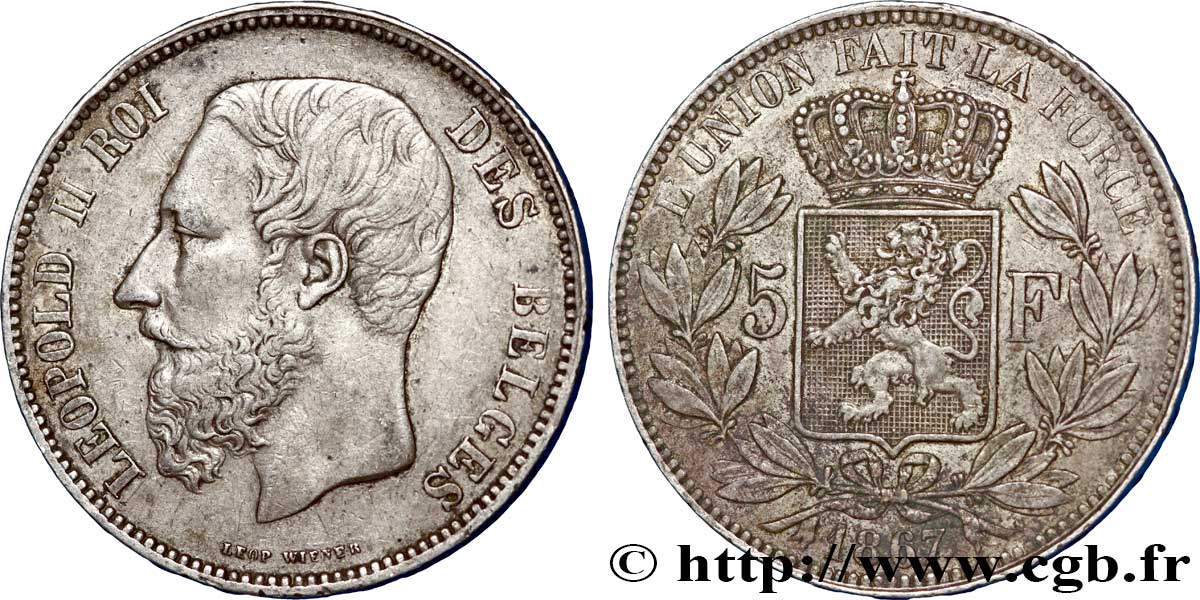 BELGIQUE 5 Francs Léopold II 1867  TTB 