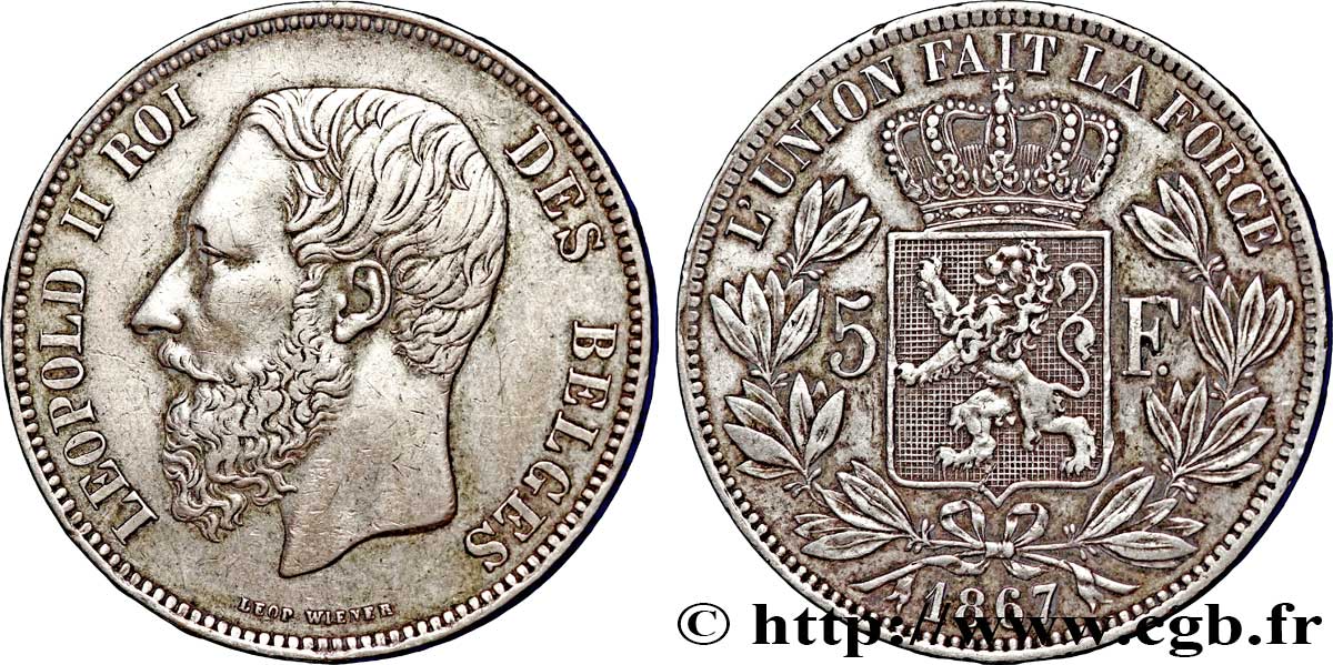 BELGIQUE 5 Francs Léopold II / écu couronné variété “F” avec point 1867  TTB 