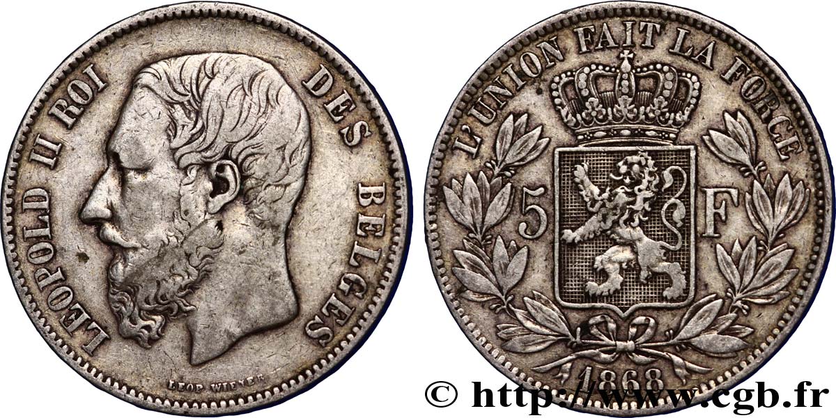 BELGIQUE 5 Francs Léopold II 1868  TB+ 