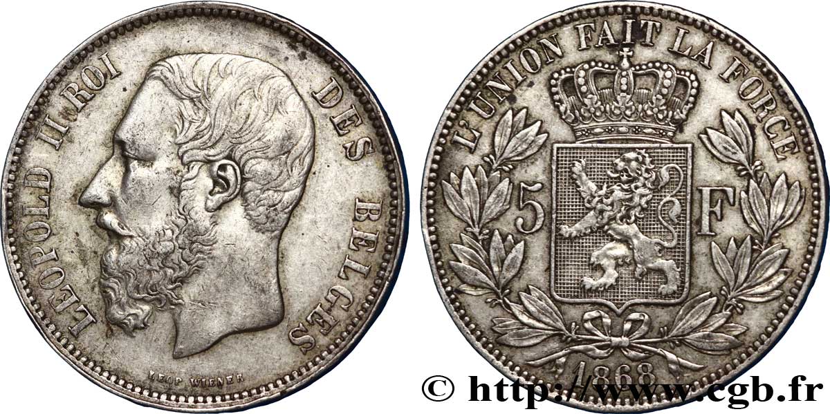 BELGIQUE 5 Francs Léopold II 1868  TTB 