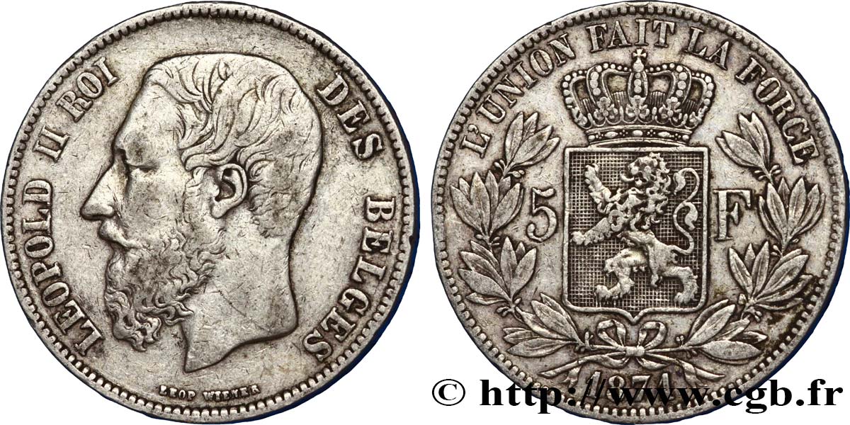BELGIQUE 5 Francs Léopold II 1871  TB+ 