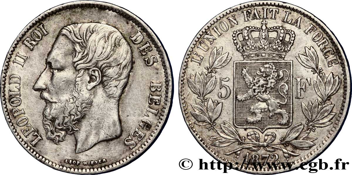 BELGIUM 5 Francs Léopold II 1872  VF 
