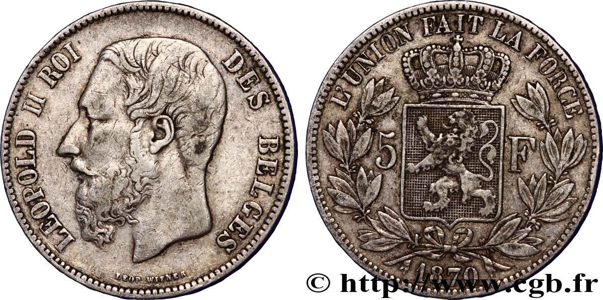 BELGIQUE 5 Francs Léopold II 1870  TB+ 