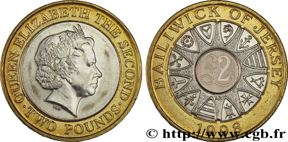 JERSEY 2 Pounds (2 Livres) Élisabeth II / blason des 12 paroisses, “£2” en image latente tranche A 1998  SPL 