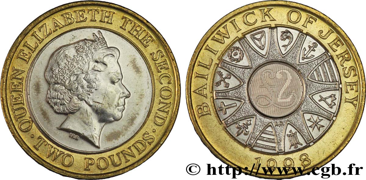JERSEY 2 Pounds (2 Livres) Élisabeth II / blason des 12 paroisses, “£2” en image latente tranche B 1998  SPL 