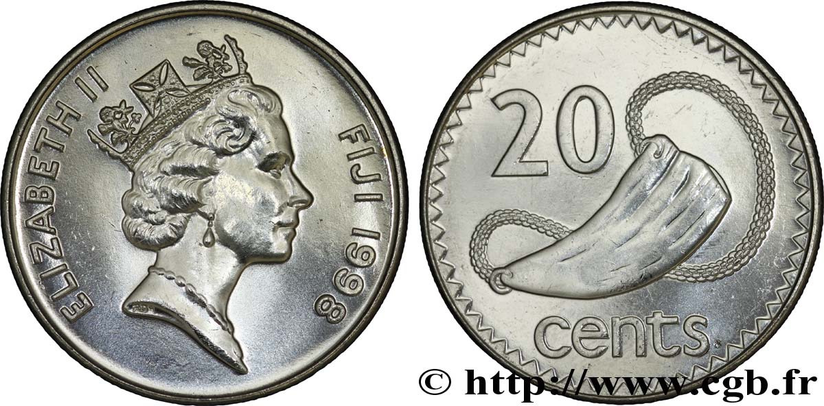 FIDSCHIINSELN 20 Cents Elisabeth II / Tabua (dent de cachalot polie) 1998  fST 