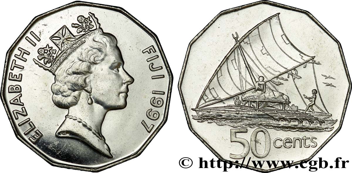 FIGI 50 Cents Elisabeth II / bateau traditionnel fidjien 1997 Royal Mint, Llantrisant MS 