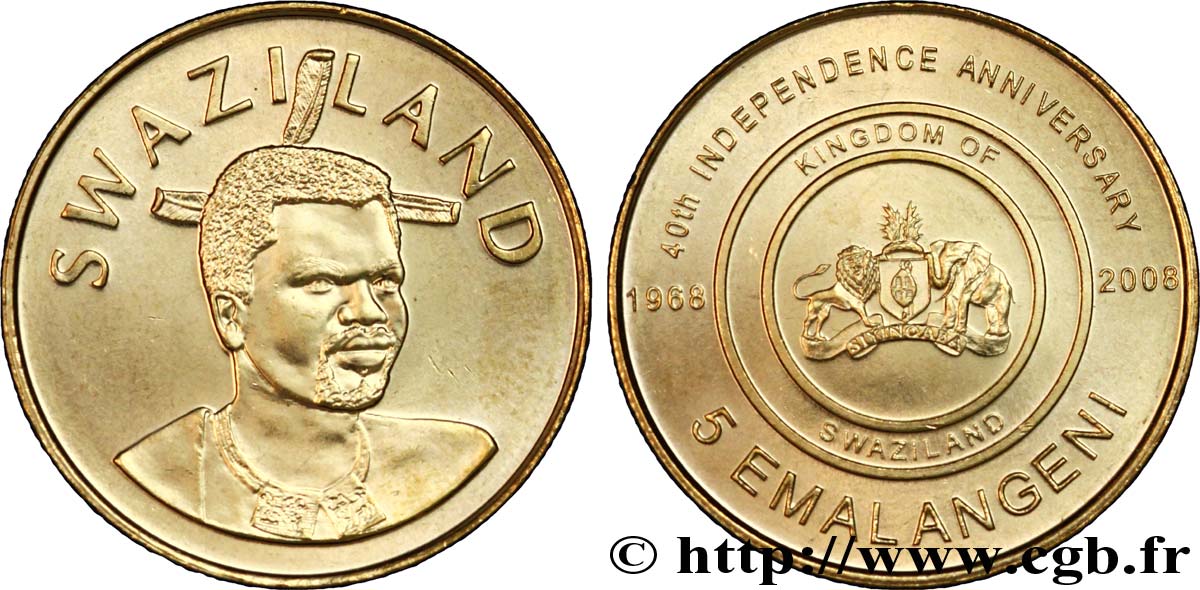 SWAZILAND 5 Emalangeni 40e anniversaire de l’indépendance :  roi Msawati III / emblème 2008  SPL 