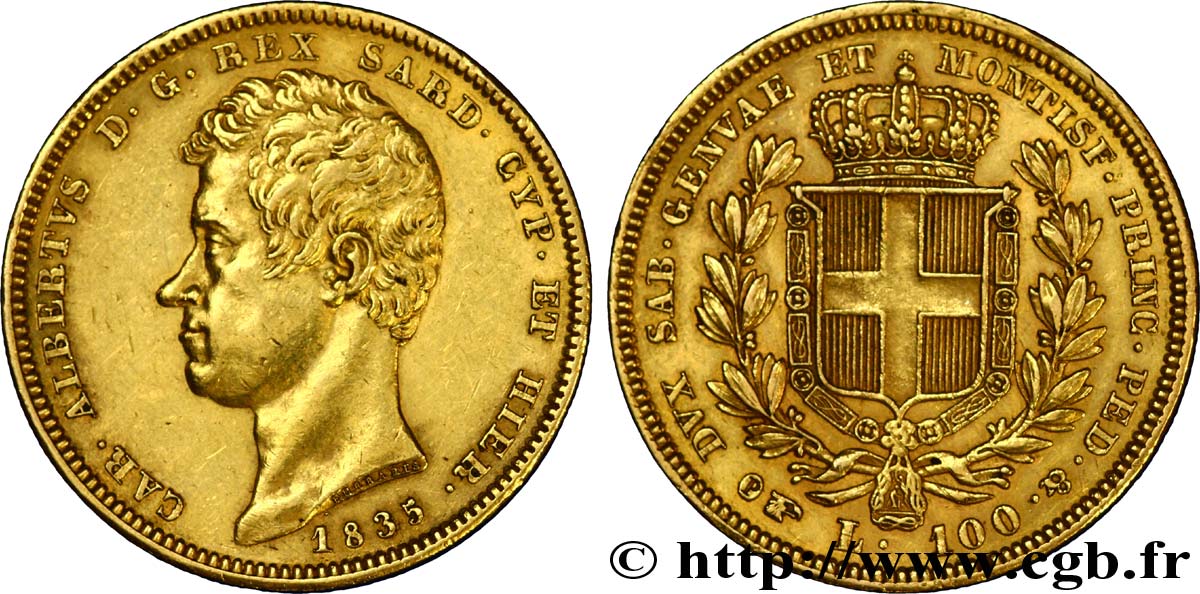 ITALIE - ROYAUME DE SARDAIGNE 100 Lire or Charles-Albert roi de Sardaigne / écu de Savoie 1835 Turin SUP 