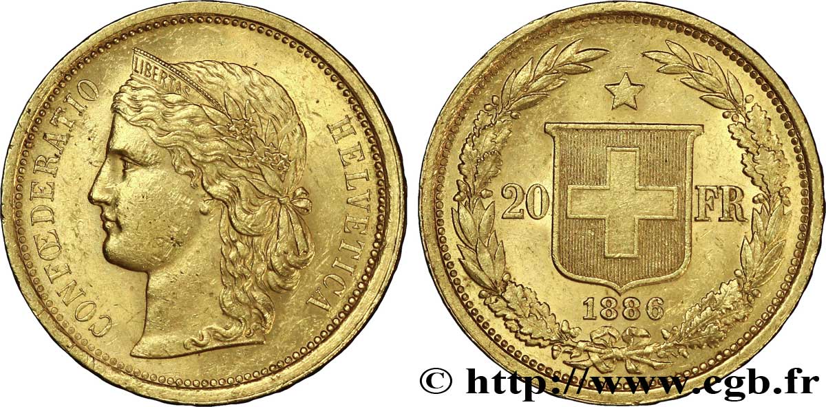 SUISSE 20 Francs or buste diadémé d Helvetia / croix suisse 1886 Berne - B SUP 