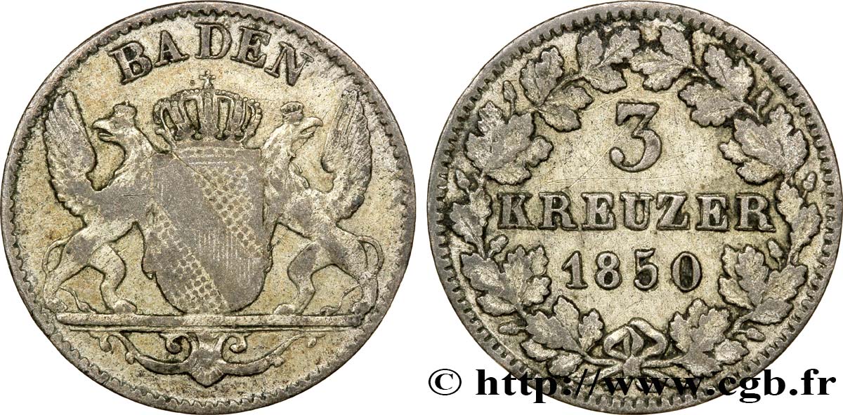 GERMANY - BADEN 3 Kreuzer Grand-Duché de Bade 1850  VF 