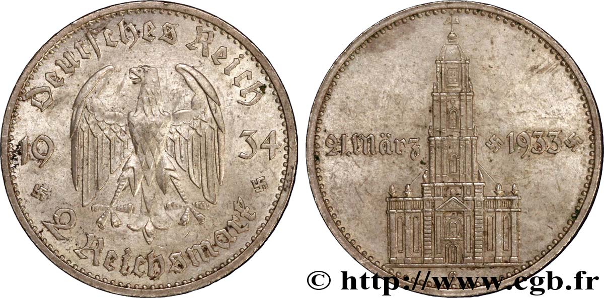 ALLEMAGNE 2 Reichsmark aigle / commémoration du serment du 21 mars 1933 en l’église de la garnison de Potsdam 1934 Karlsruhe - G SUP 