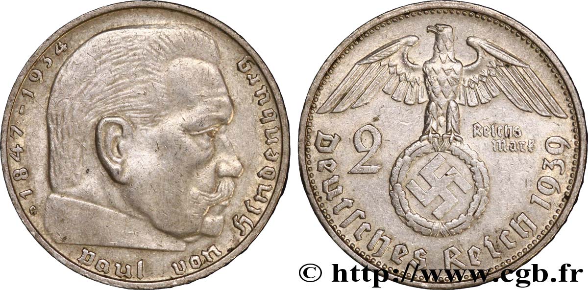ALLEMAGNE 2 Reichsmark aigle surmontant une swastika / Maréchal Paul von Hindenburg 1939 Karlsruhe - G SUP 
