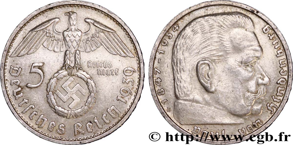 ALLEMAGNE 5 Reichsmark aigle surmontant une swastika / Maréchal Paul von Hindenburg 1939 Vienne - B SUP 