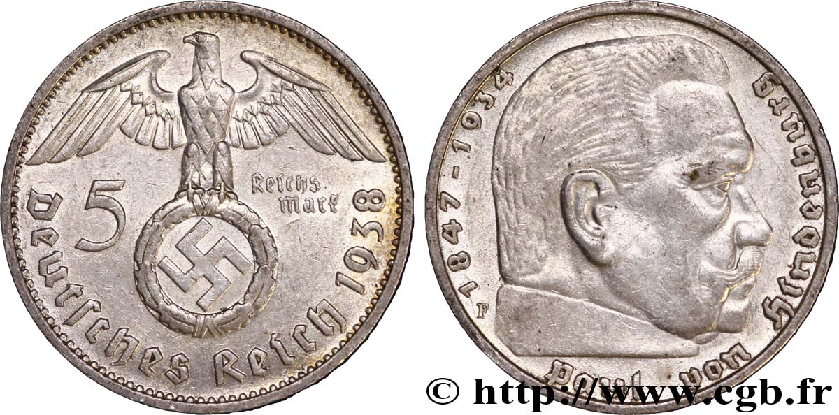 ALLEMAGNE 5 Reichsmark aigle surmontant une swastika / Maréchal Paul von Hindenburg 1938 Stuttgart - F SUP 