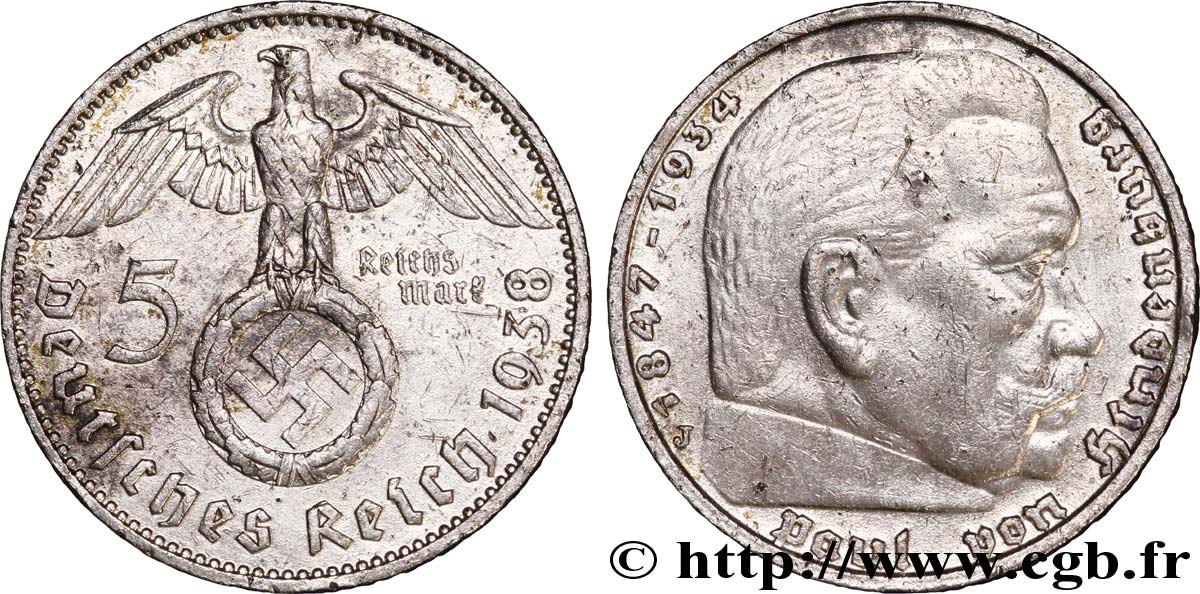 ALLEMAGNE 5 Reichsmark aigle surmontant une swastika / Maréchal Paul von Hindenburg 1938 Hambourg - J TTB 
