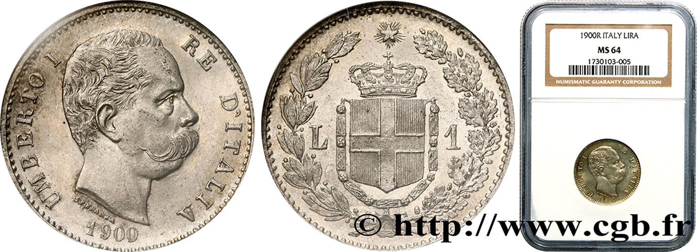 ITALIE 1 Lire Humbert Ier 1900 Rome - R SPL63 NGC