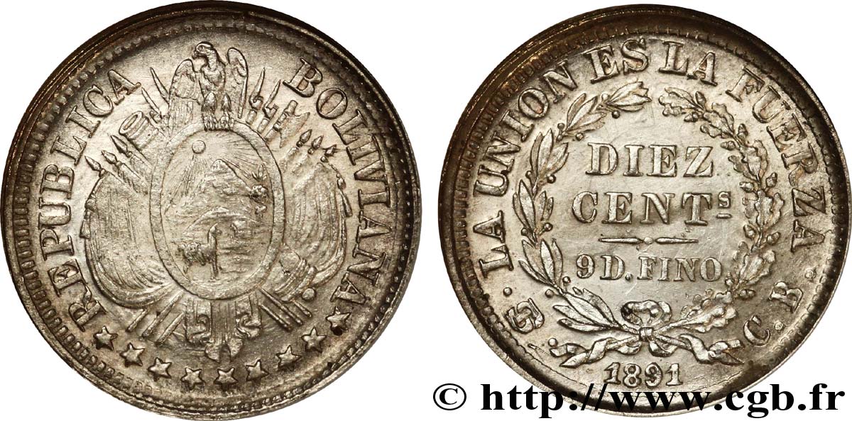 BOLIVIE 10 Centavos emblème de la Bolivie 1891 Potosi SPL63 NGC