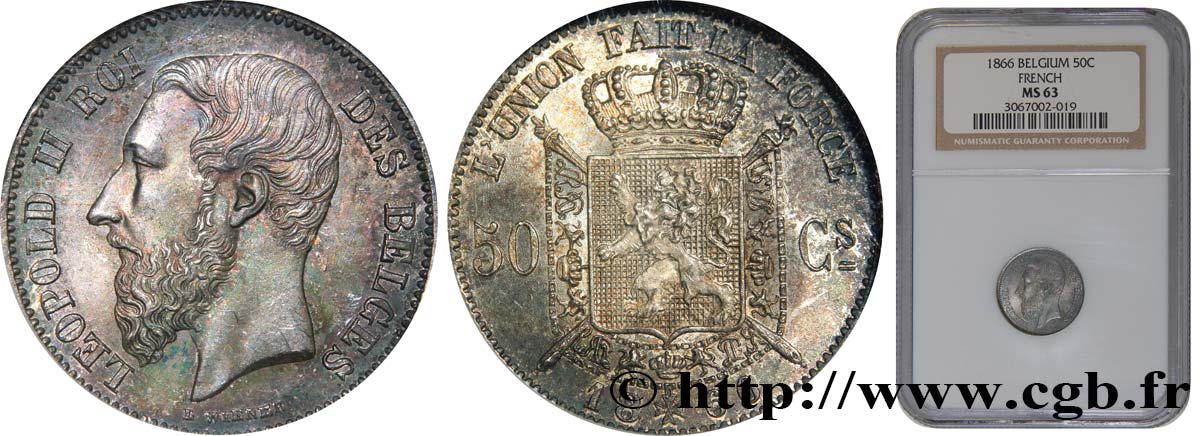 BELGIUM 50 Centimes Léopold II légende française 1866  MS63 NGC
