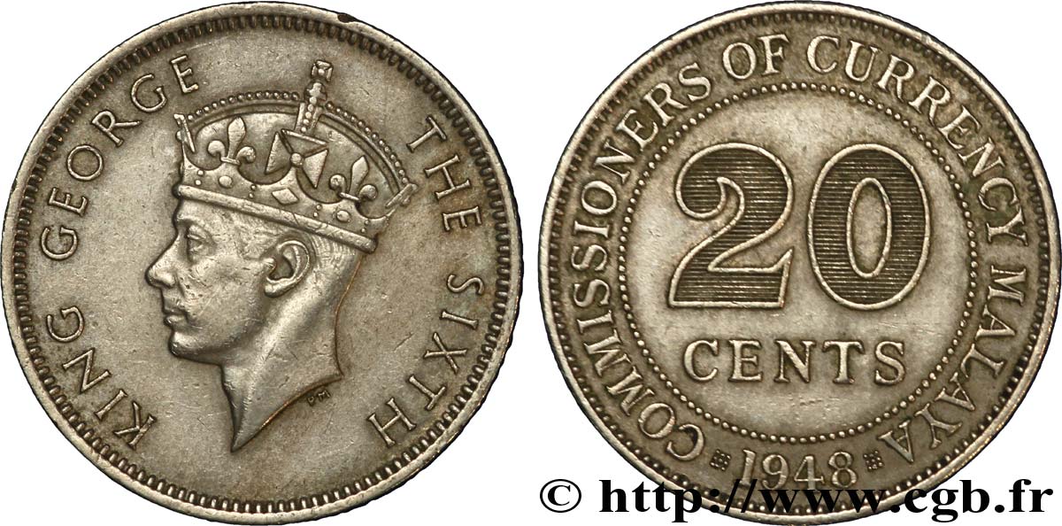 MALAISIE 20 Cents Commission Monétaire de Malaisie Georges VI 1948  SUP 