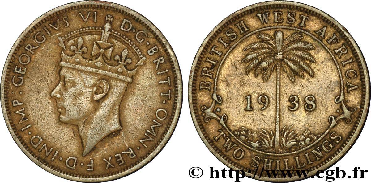 AFRIQUE OCCIDENTALE BRITANNIQUE 2 Shillings Georges VI / palmier 1938 Kings Norton - KN TTB 
