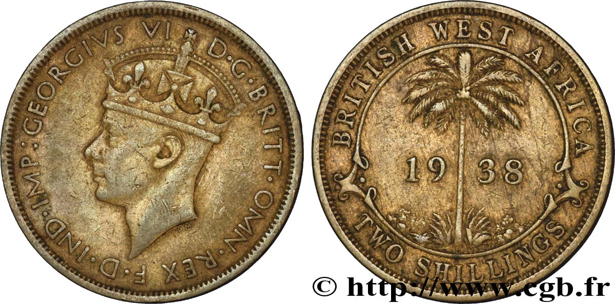 AFRIQUE OCCIDENTALE BRITANNIQUE 2 Shillings Georges VI / palmier 1938 Heaton - H TTB 