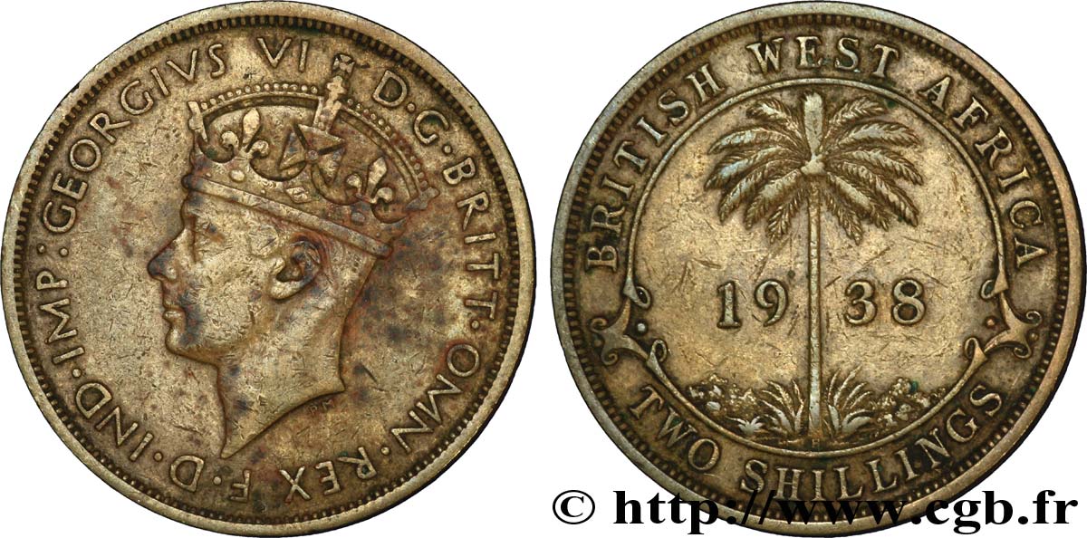 AFRIQUE OCCIDENTALE BRITANNIQUE 2 Shillings Georges VI / palmier 1938 Heaton - H TTB 