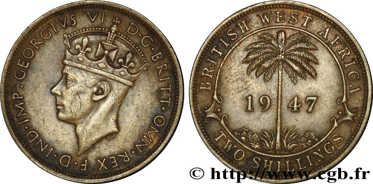 AFRIQUE OCCIDENTALE BRITANNIQUE 2 Shillings Georges VI / palmier 1947 Heaton - H TTB+ 