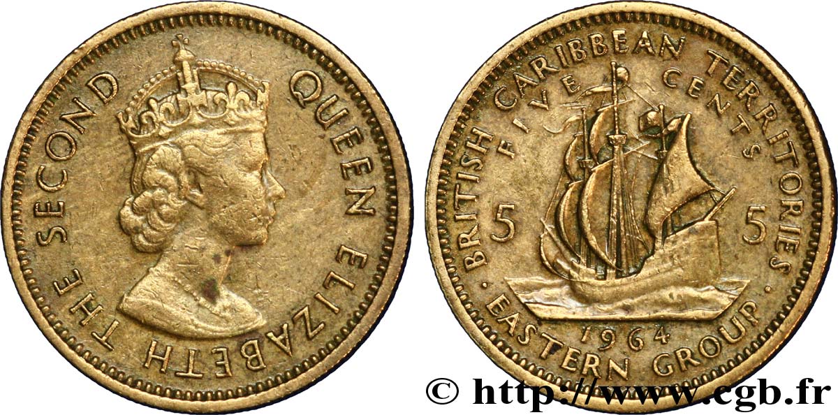TERRITOIRES BRITANNIQUES DES CARAÏBES 5 Cents Elisabeth II / voilier 1964  TTB 