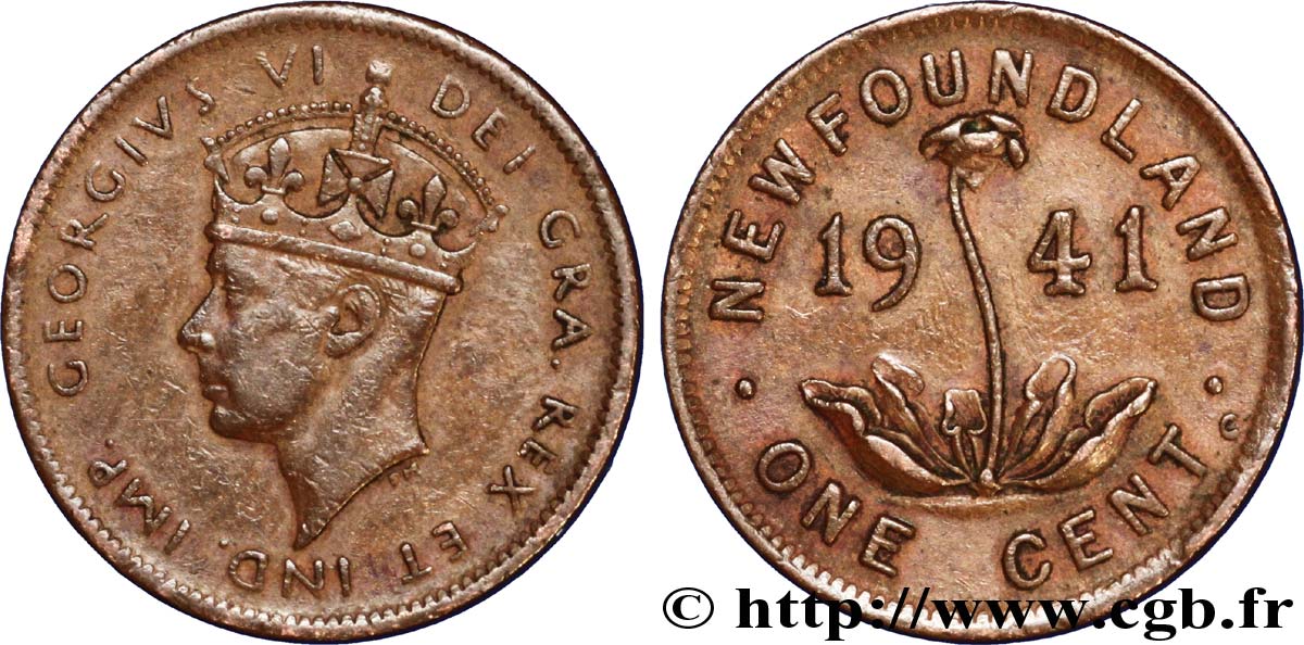 TERRE-NEUVE 1 Cent Georges VI / sarracénie pourpre (plante carnivore) 1941 Royal Canada Mint TTB 