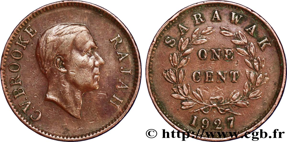 SARAWAK 1 Cent Sarawak Rajah C.V. Brooke 1927 Heaton TTB 