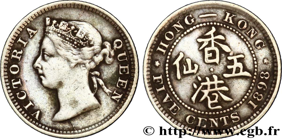 HONG KONG 5 Cents Victoria 1898  TTB 