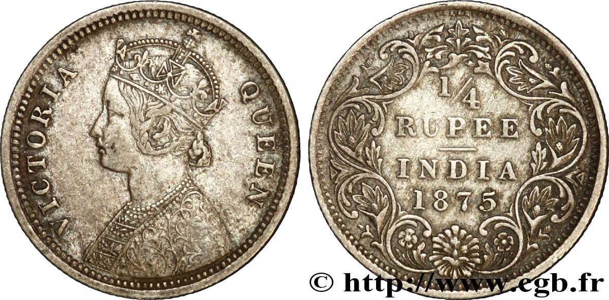 INDES BRITANNIQUES 1/4 Roupie Victoria 1875 Calcutta TTB 