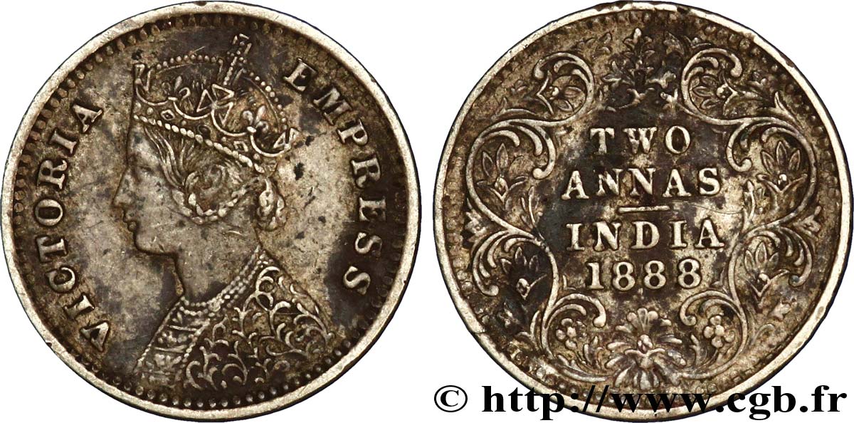 INDES BRITANNIQUES 2 Annas Victoria buste de type B, revers de type I 1888 Calcutta TTB+ 