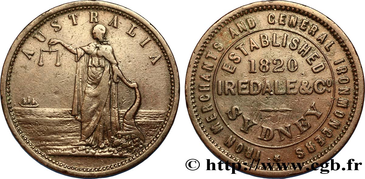 AUSTRALIE Token de 1 Penny IREDALE &C°, Sydney / allégorie de la Justice 1820  TTB 