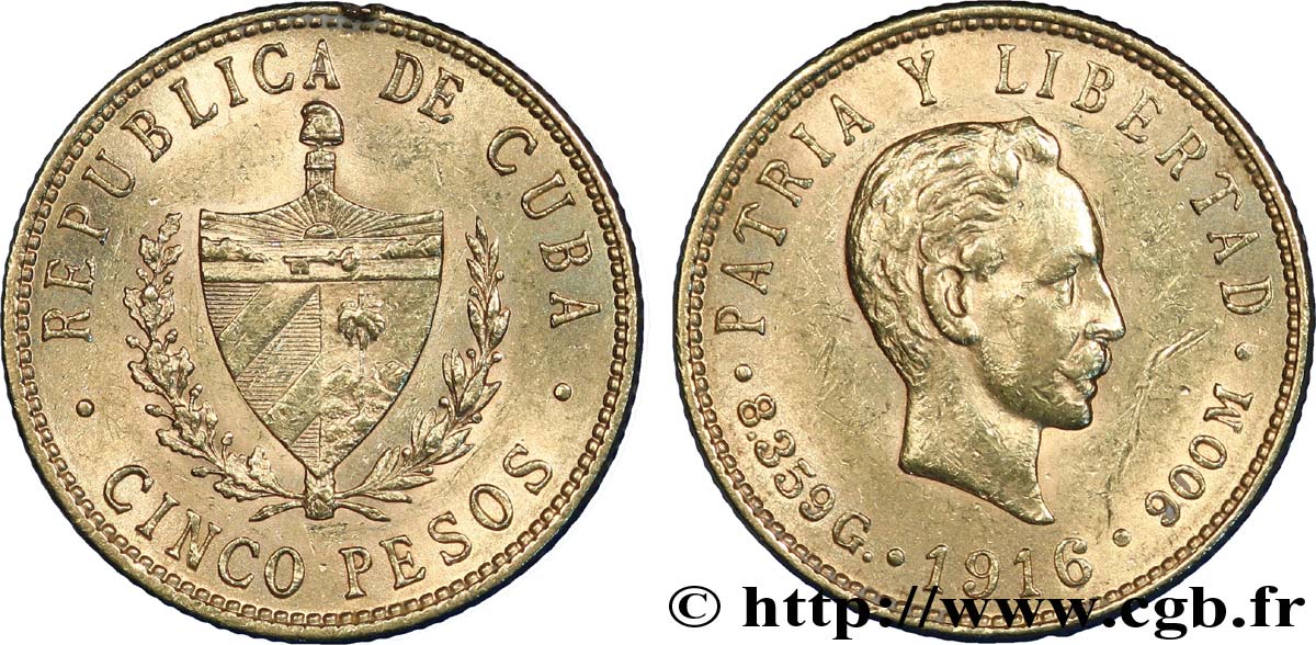CUBA 5 Pesos OR emblème de la République / José Marti 1916  SUP 