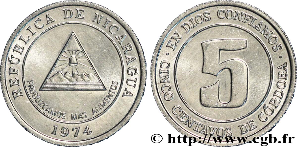 NICARAGUA 5 Centavos de Cordoba FAO 1974  SPL 
