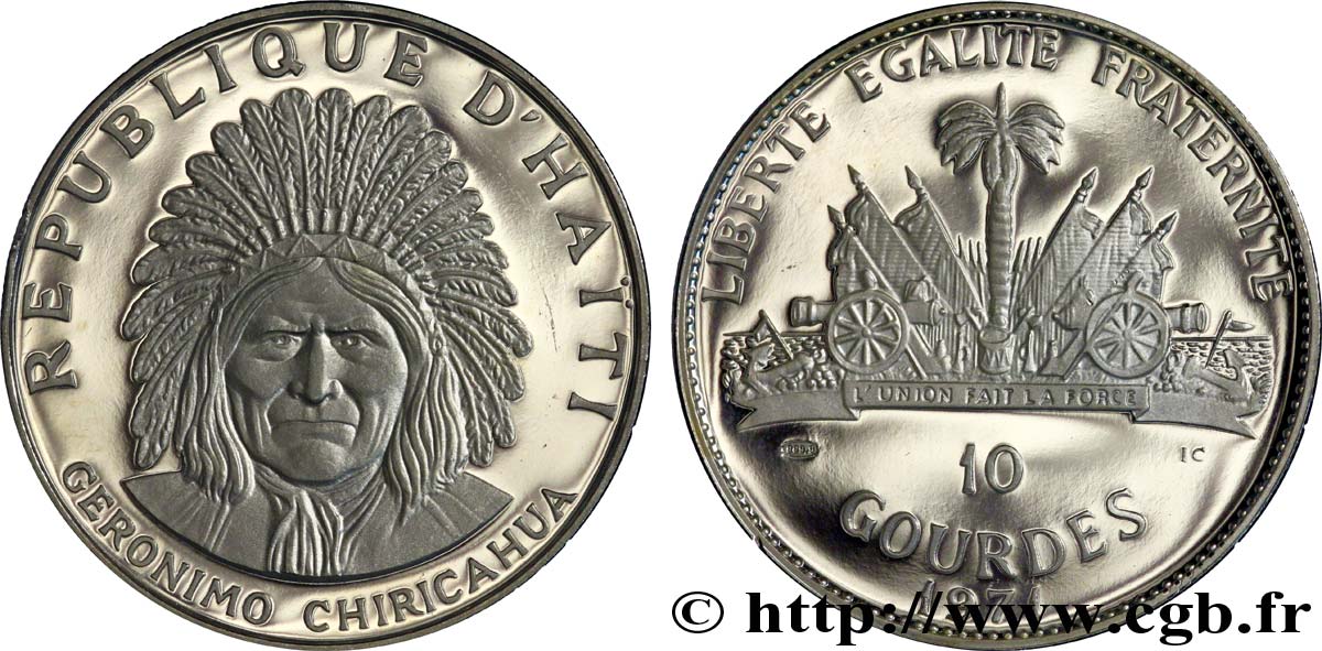 HAÏTI 10 Gourdes Proof  Geronimo Chiricahua / emblème 1971  SPL 