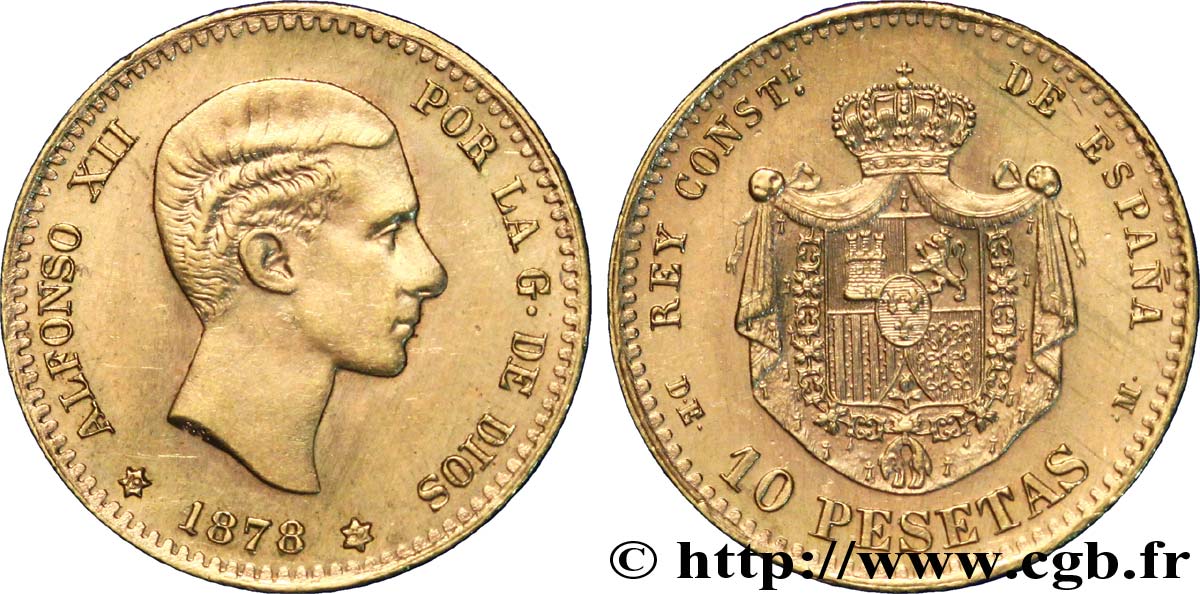 ESPAGNE 10 Pesetas OR Alphonse XII 1878 Madrid SUP 