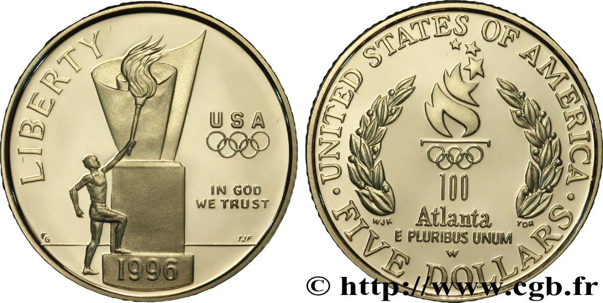 ÉTATS-UNIS D AMÉRIQUE 5 Dollars BE (PROOF) Jeux olympiques d’ Atlanta 1996, flamme olympique, centenaire des jeux 1995 West Point - W FDC 
