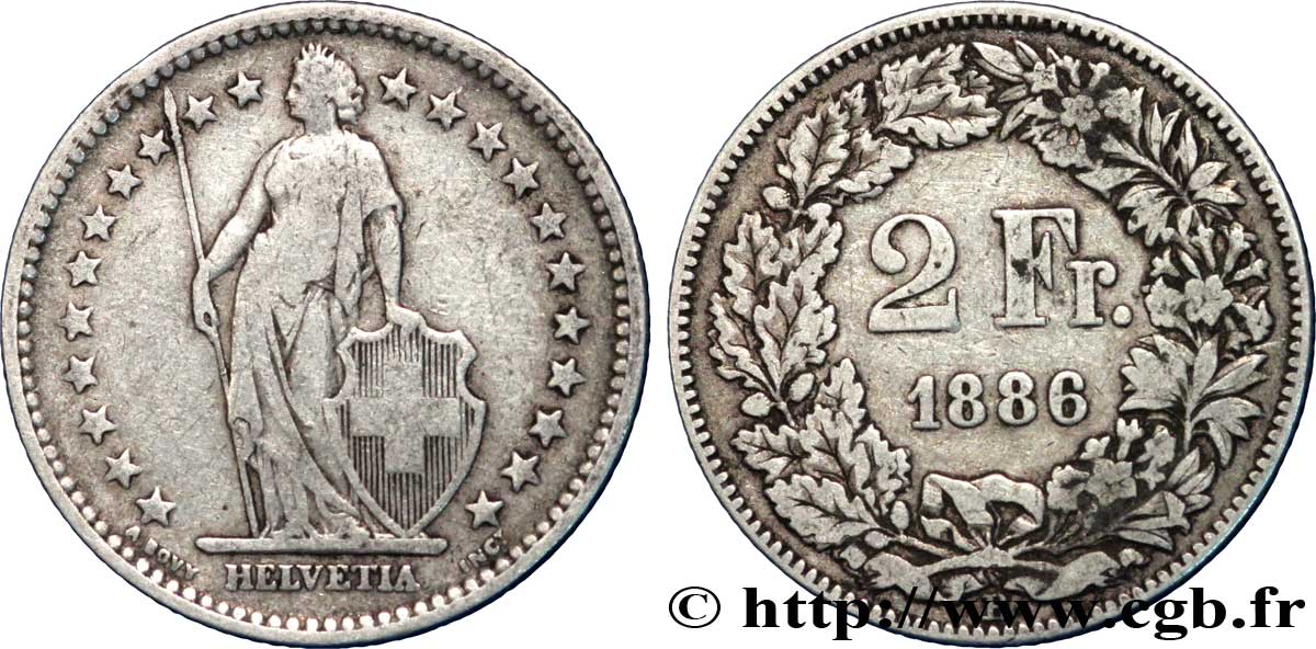 SUISSE 2 Francs Helvetia 1886 Berne - B TB+ 