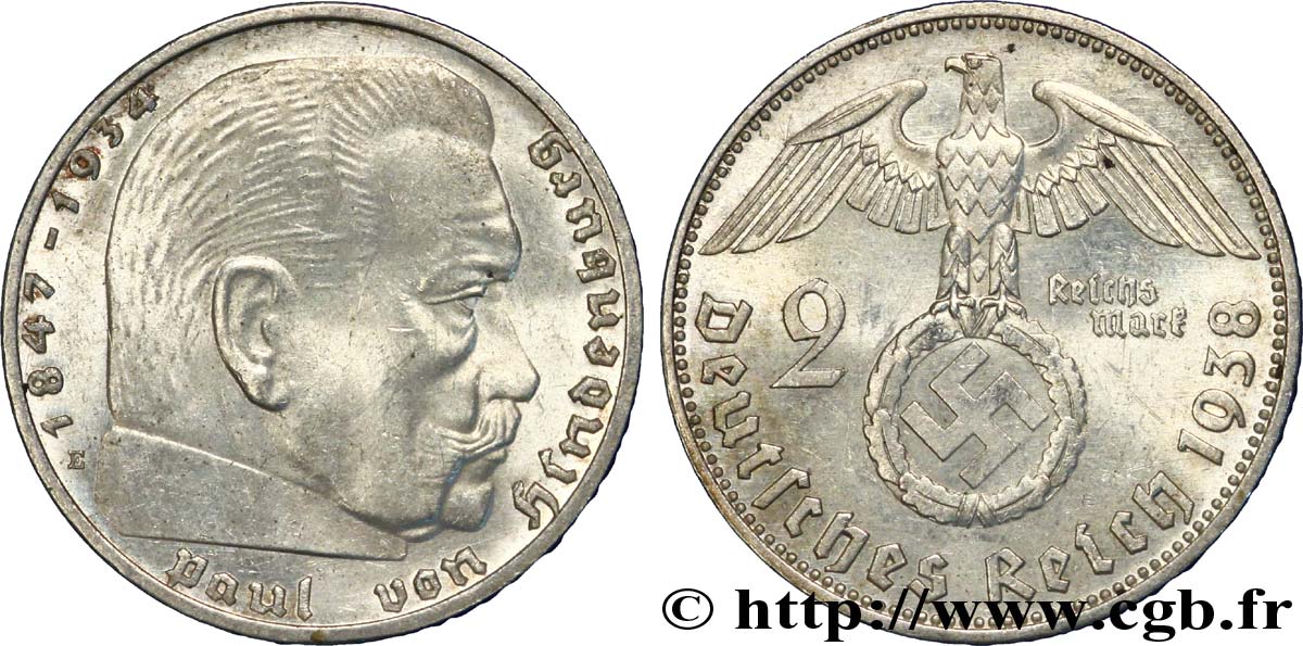 ALLEMAGNE 2 Reichsmark aigle surmontant une swastika / Maréchal Paul von Hindenburg 1938 Berlin SUP 