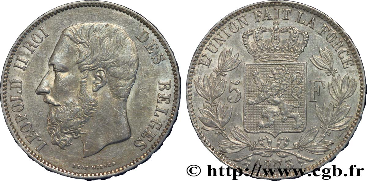 BELGIQUE 5 Francs Léopold II 1873  TTB+ 