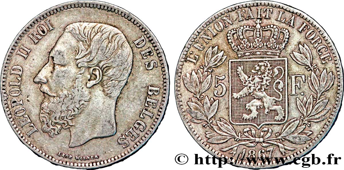 BELGIQUE 5 Francs Léopold II / écu couronné variété “F” avec point 1867  TTB 