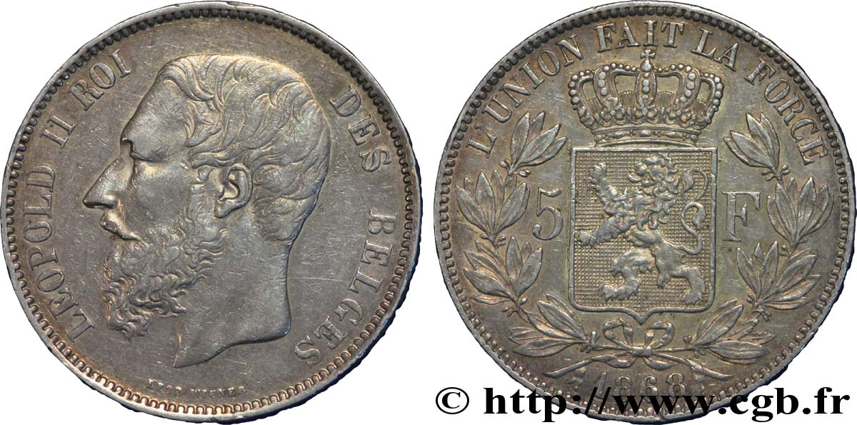 BELGIQUE 5 Francs Léopold II 1868  TTB+ 